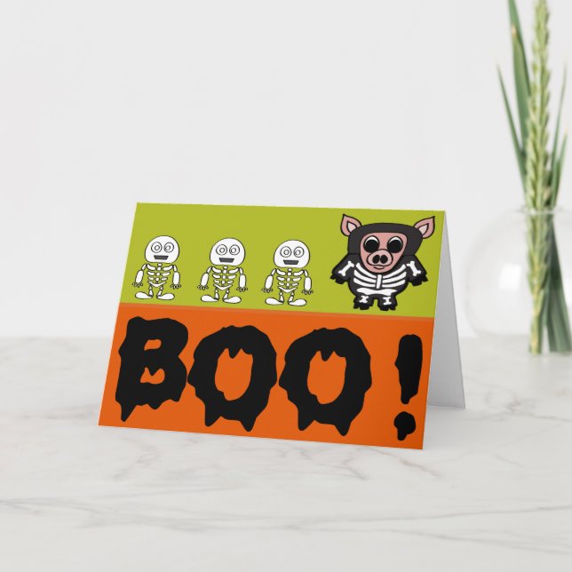 Pig in Skeleton Costume says BOO Card (Front)