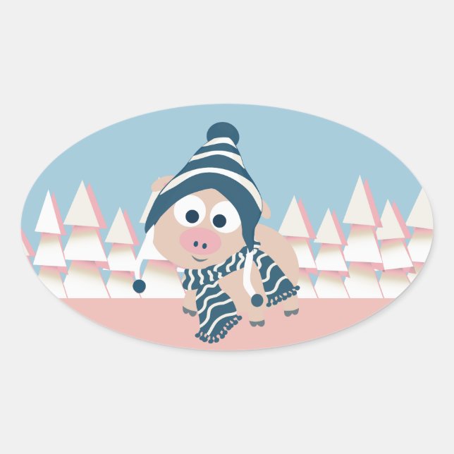 Pig in Winter Oval Sticker (Front)