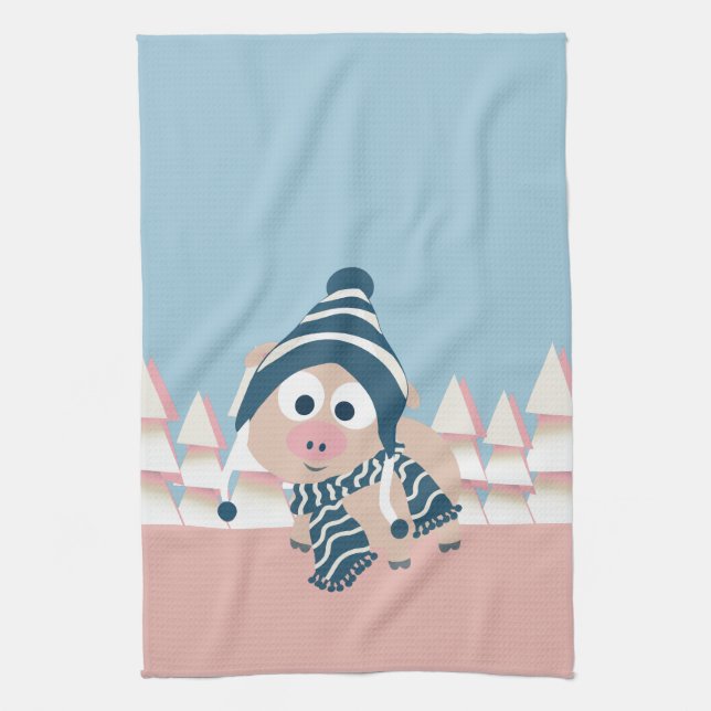 Pig in Winter Tea Towel (Vertical)