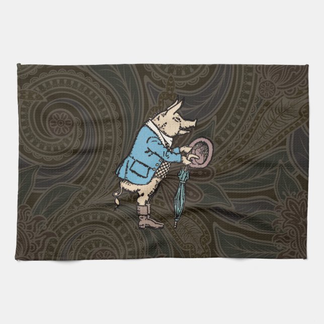 Pig Jacket Piggy Cute Formal Antique Tea Towel (Horizontal)