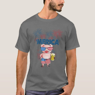 Pig Merica 4Th Of July American Flag Drinking Love T-Shirt
