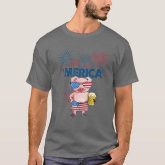 Pig Merica 4Th Of July American Flag Drinking Love T-Shirt