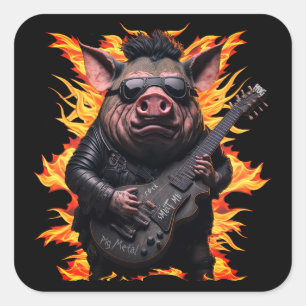 Pig Metal Guitar Ham Rock And Roll Musician Flames Square Sticker