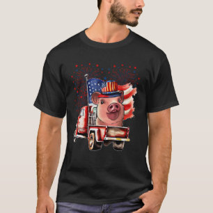 Pig On Pickup Truck With American Flag 4th Of July T-Shirt