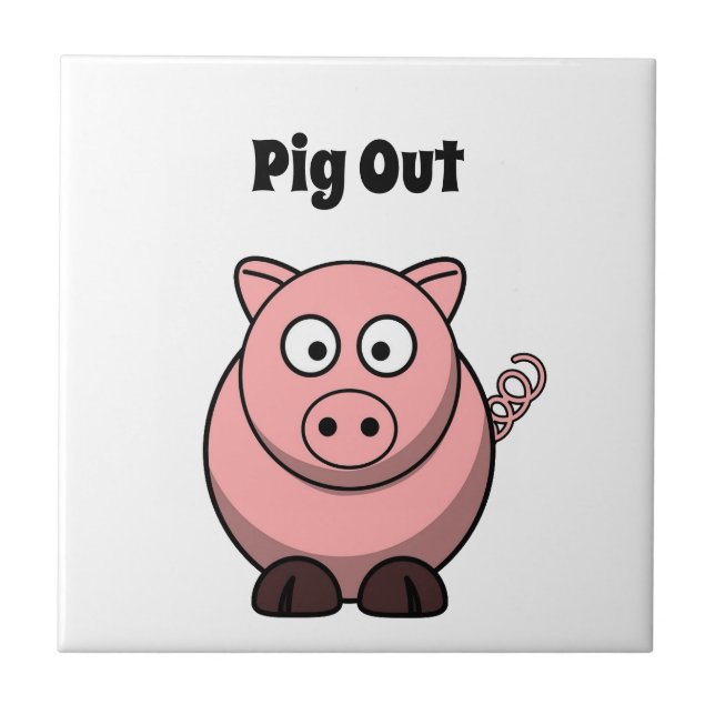 Pig Out Pink Pig Cartoon, Funny BBQ Hog Design Tile (Front)