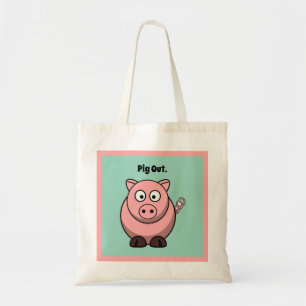 Pig Out Pink Pig Cartoon, Funny BBQ Hog Design Tote Bag