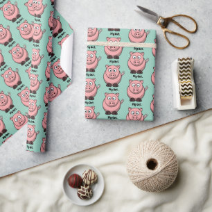 Pig Out Pink Pig Cartoon, Funny BBQ Hog Design Wrapping Paper