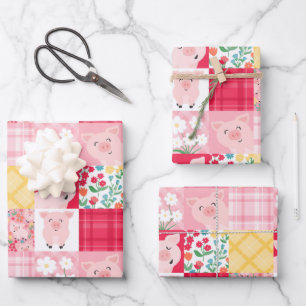 Pig Patchwork Floral Rustic Birthday Party Wrapping Paper Sheet