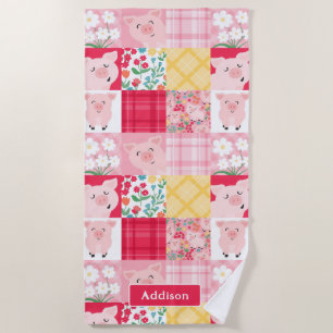 Pig Patchwork Floral Rustic Personalised Beach Towel