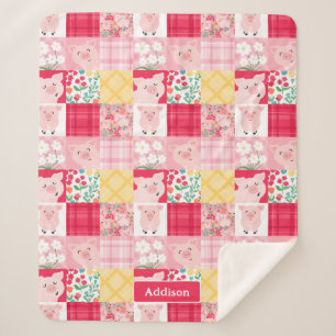 Pig Patchwork Floral Rustic Personalised Sherpa Blanket