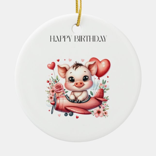Pig Pilot Birthday Ceramic Tree Decoration (Front)