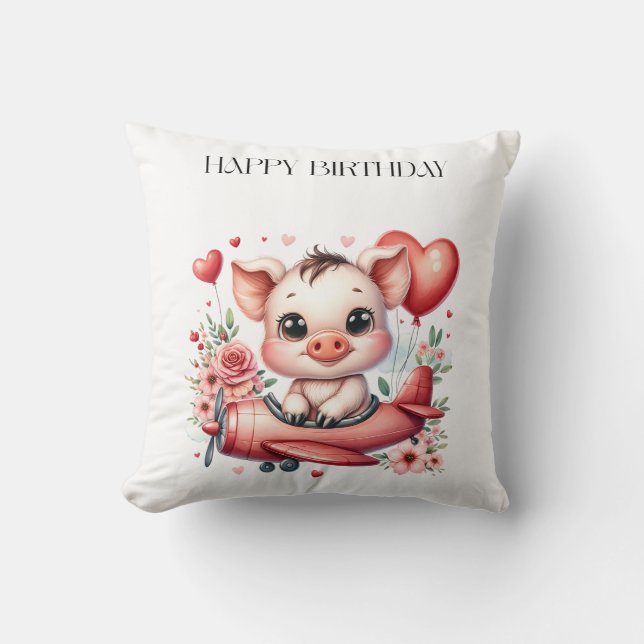 Pig Pilot Birthday Cushion (Front)