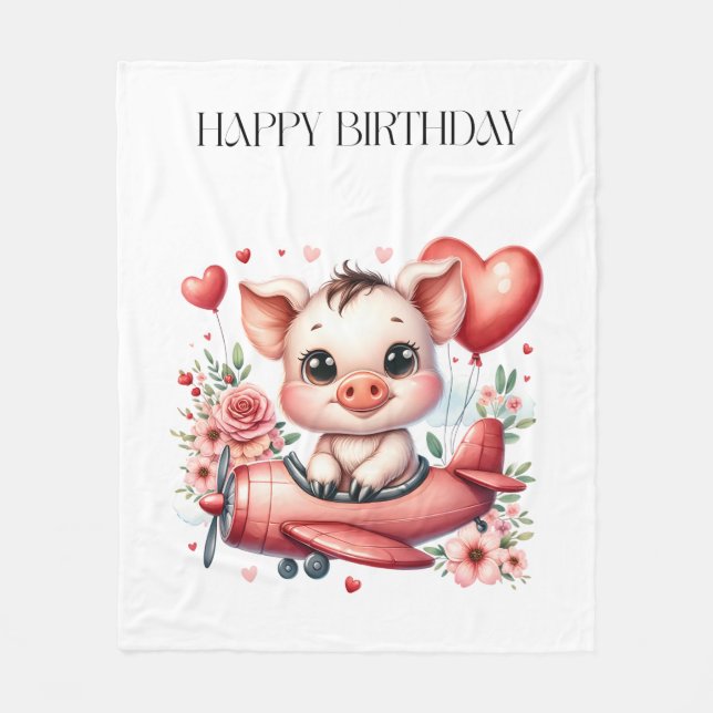 Pig Pilot Birthday Fleece Blanket (Front)
