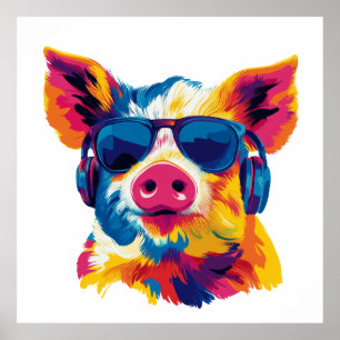 Pig Portrait  Glasses Illustration Watercolour Art Poster