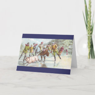 Pig Pulls Ice Skater Across Pond Card