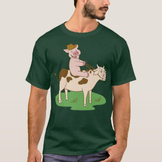 Pig Riding A Cow Farm Premium  T-Shirt