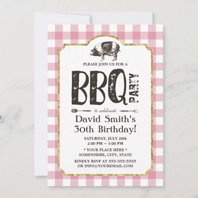Pig Roast BBQ Birthday Party Pink Plaid Invitation (Front)