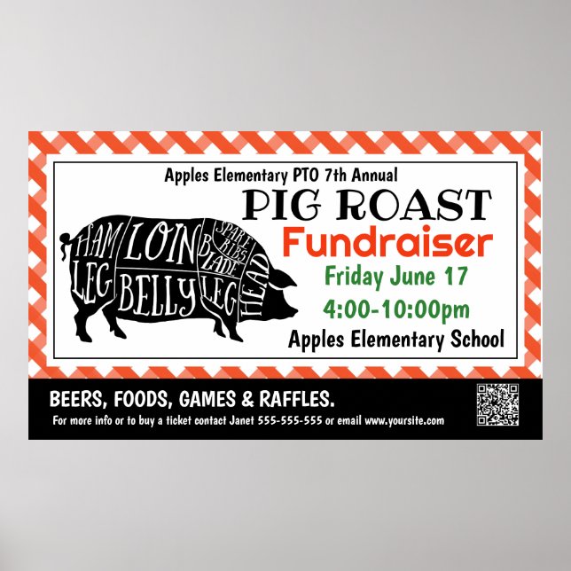 PIG ROAST Fundraiser PTO PTA Church Banner Poster (Front)