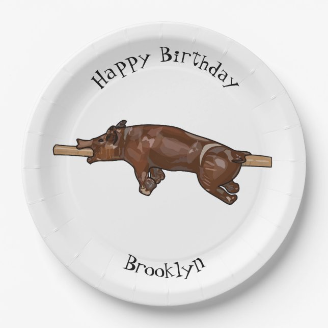 Pig roast / hog roast cartoon illustration paper plate (Front)