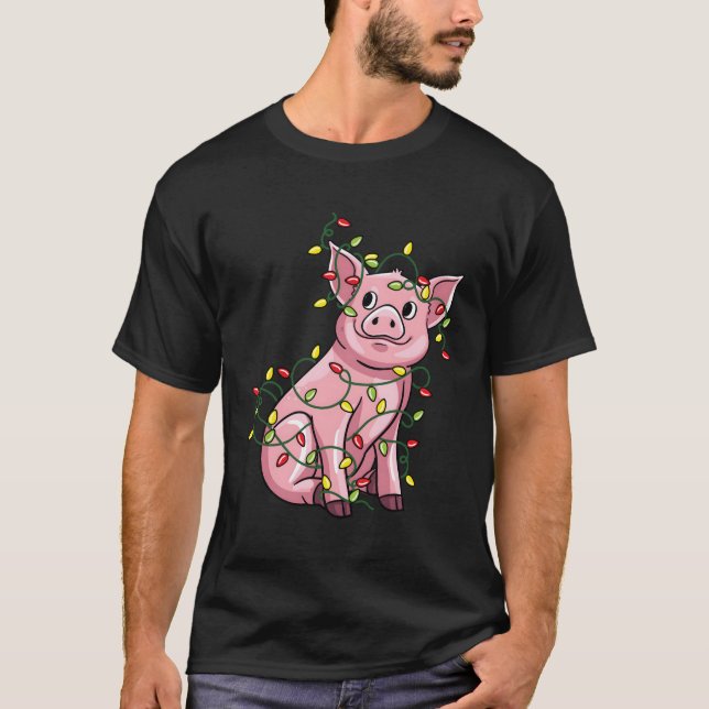 Pig Tangled Up In Lights Santa Gift For Christmas T-Shirt (Front)