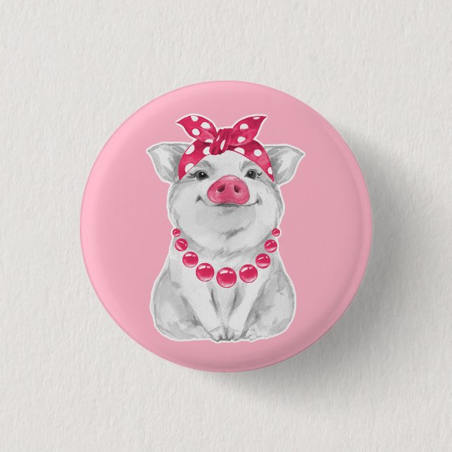 Pig wearing bandanna 3 cm round badge (Front)