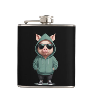 Pig Wearing Hoodie Funny Cool Animal Character  Hip Flask