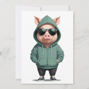 Pig Wearing Hoodie Funny Cool Animal Character Invitation