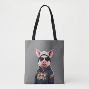 Pig Wearing Hoodie Funny Cool Animal Character  Tote Bag