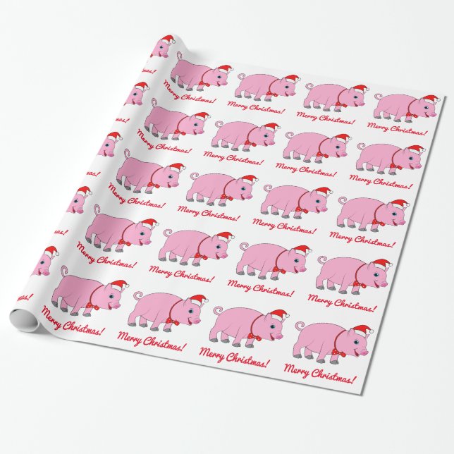 Pig with a Santa Hat and Bow Wrapping Paper (Unrolled)
