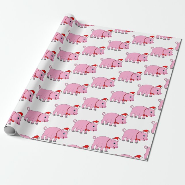 Pig with Bow Tie and Santa Hat at Christmas Wrapping Paper (Unrolled)