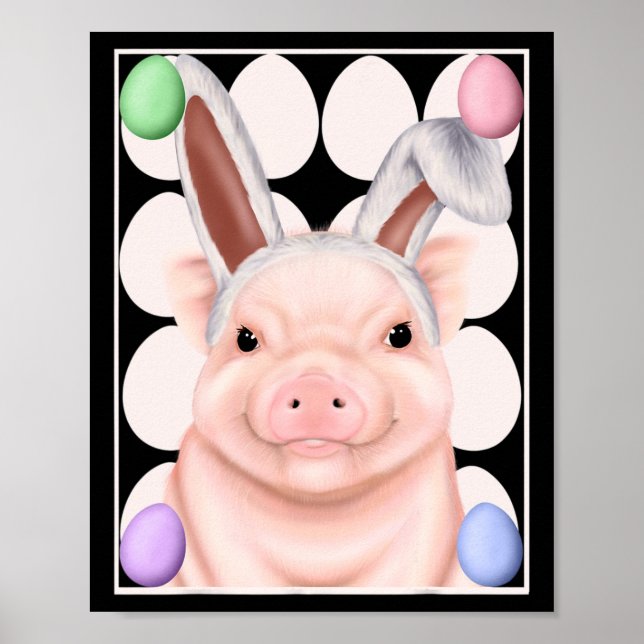 Pig With Bunny Ears And Easter Eggs  Poster (Front)