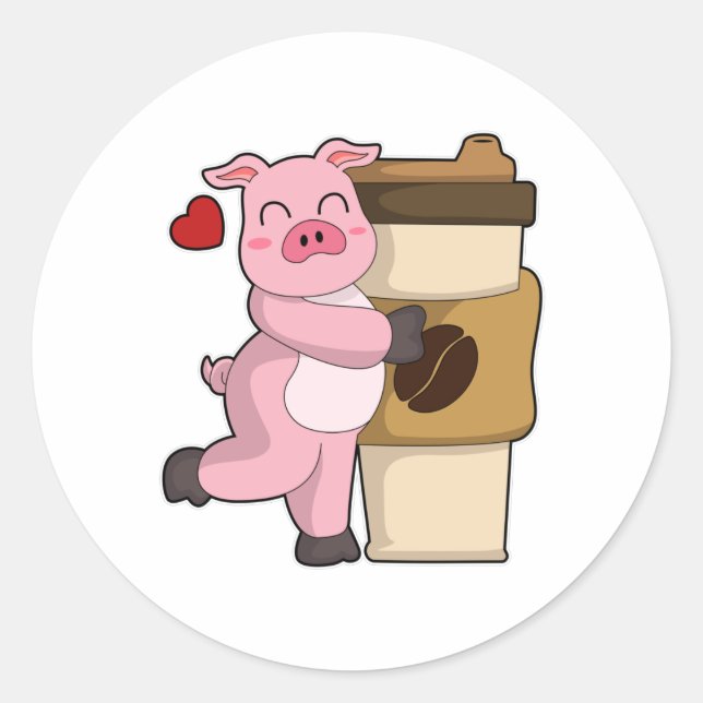 Pig with Coffee to go Classic Round Sticker (Front)