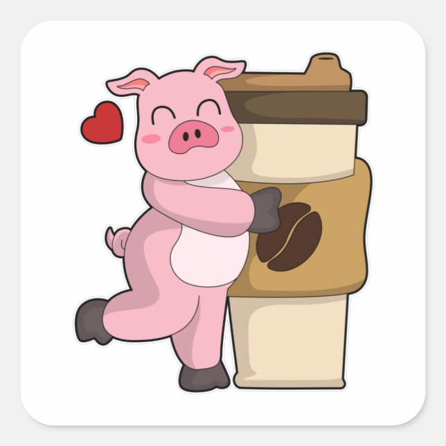 Pig with Coffee to go Square Sticker (Front)