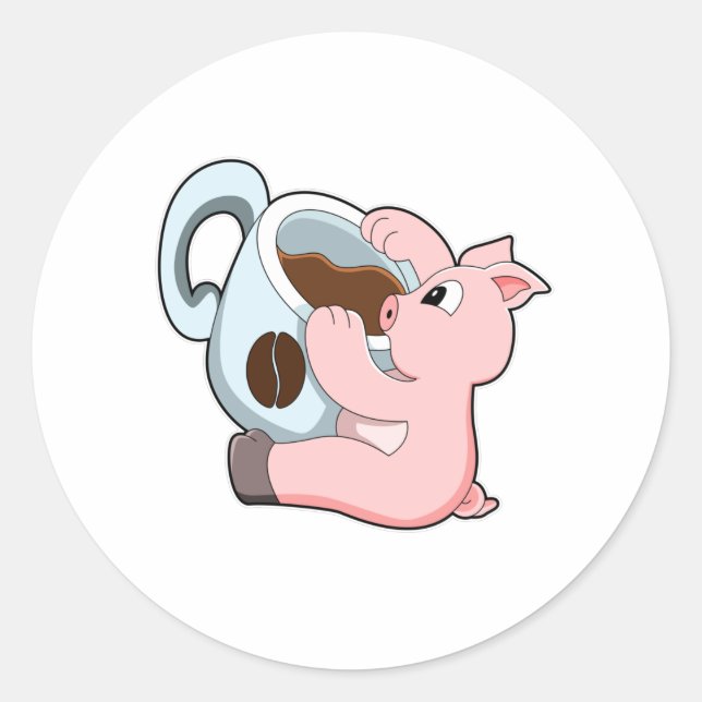 Pig with Cup of Coffee Classic Round Sticker (Front)