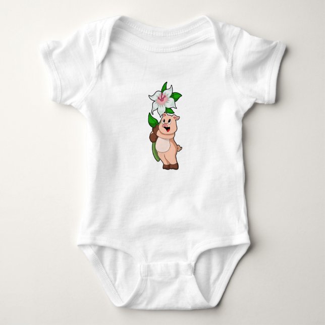 Pig with Flower Lily Baby Bodysuit (Front)