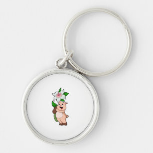 Pig with Flower Lily Key Ring