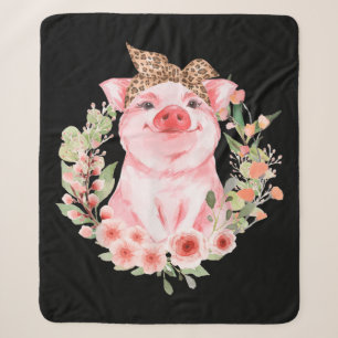 Pig With Leopard Headband Flower Cute Pig Sherpa Blanket
