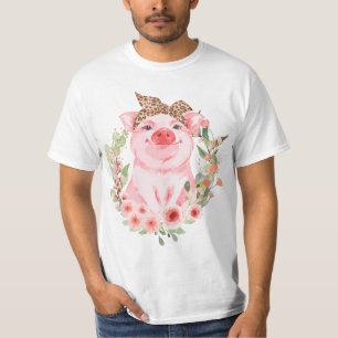 Pig With Leopard Headband Flower T Cute Pig Lover  T-Shirt