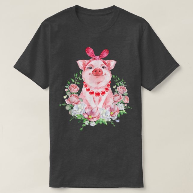 Pig With Leopard Headband Flower Tshirt Cute Pig L (Design Front)