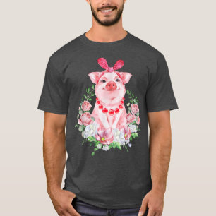 Pig With Leopard Headband Flower Tshirt Cute Pig L