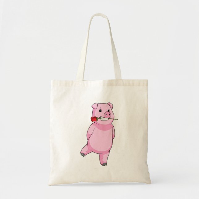 Pig with Rose Flower Tote Bag (Front)