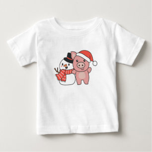 Pig With Snowman In Winter For Christmas Baby T-Shirt