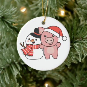 Pig With Snowman In Winter For Christmas Ceramic O Tree Decoration