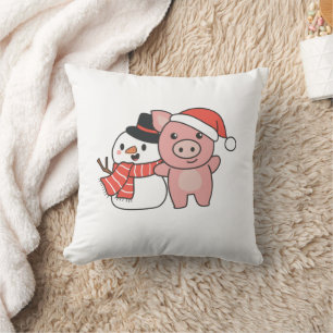 Pig With Snowman In Winter For Christmas Cushion