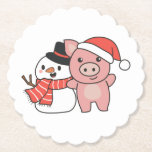 Pig With Snowman In Winter For Christmas Paper Coaster<br><div class="desc">Pig with a snowman in winter for Christmas - a snowman for winter and Christmas. A winter greeting in the cold season for the holidays. Christmas pig with snowman.</div>