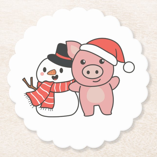Pig With Snowman In Winter For Christmas Paper Coaster (Front)