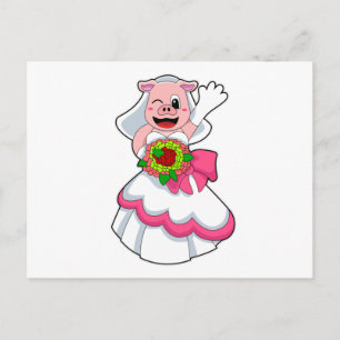 Pig with Wedding dress & Bunch of Flowers Postcard