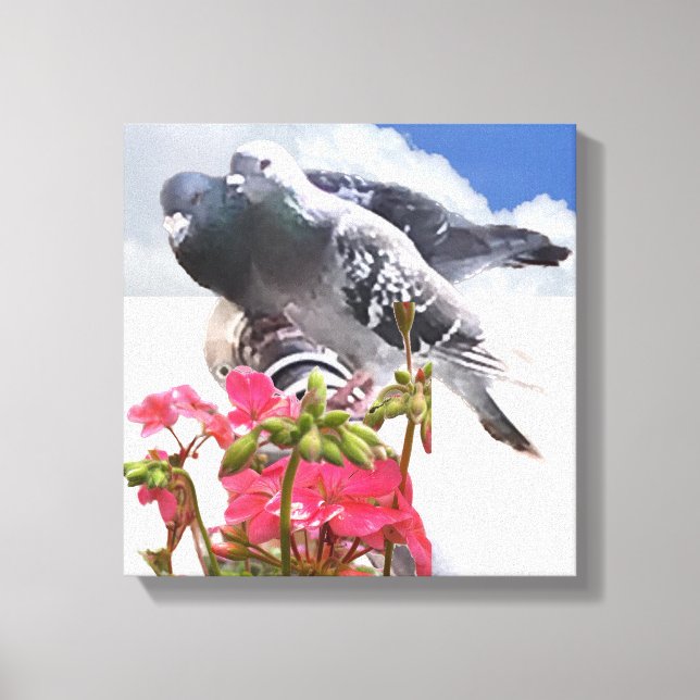 Pigeon and Pink Geranium Flowers Canvas Print (Front)