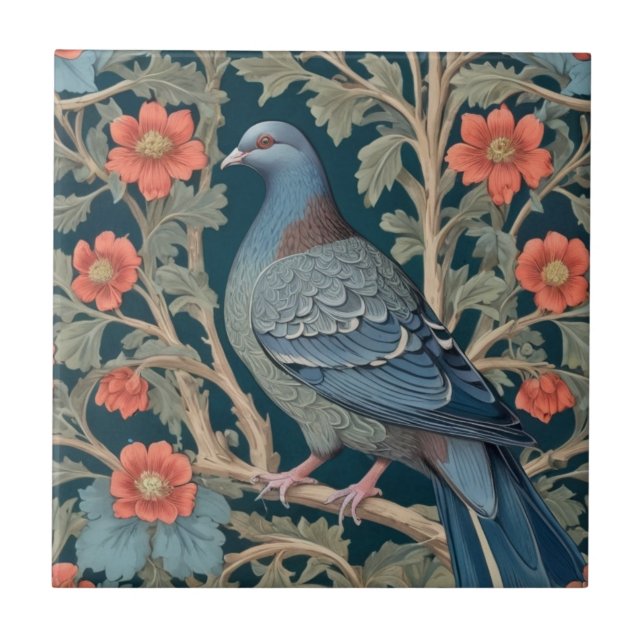 Pigeon Bird William Morris style Left Red Flowers Tile (Front)