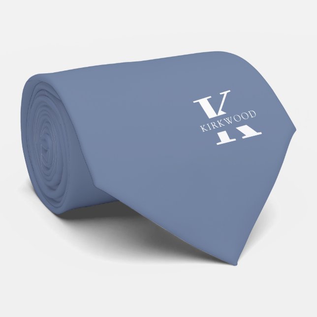 Pigeon Blue | Elegant Monogram + Name | Two-Sided Tie (Rolled)
